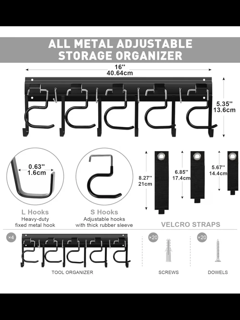 Metal Garage Tool Organizer Wall Mount, 4 Pack Garden Tool Organizer With Extens